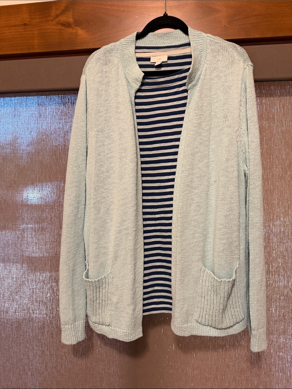 J. Jill Bundle Light Blue Open Front Cardigan with Navy & White Stripe Tee
